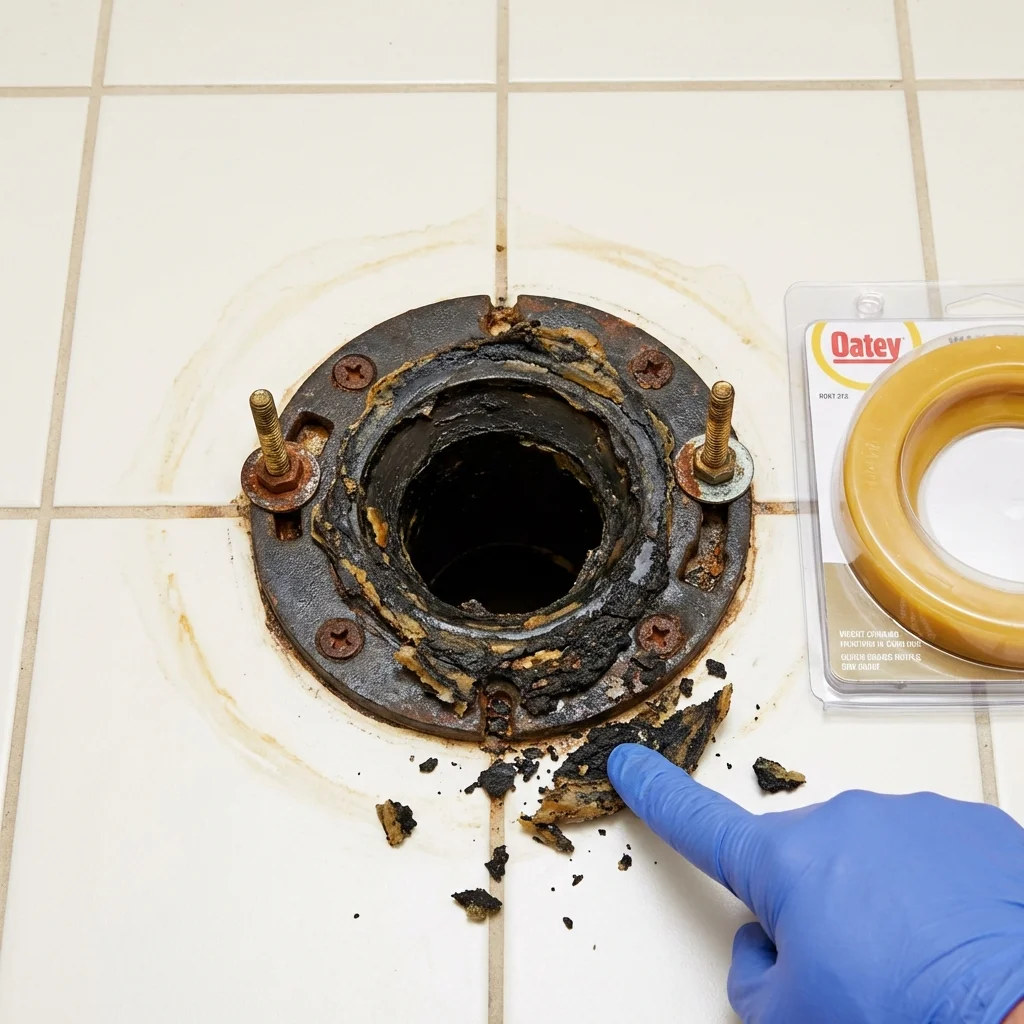 Failed wax ring showing water seepage at the base of a toilet in a Payson, IL home